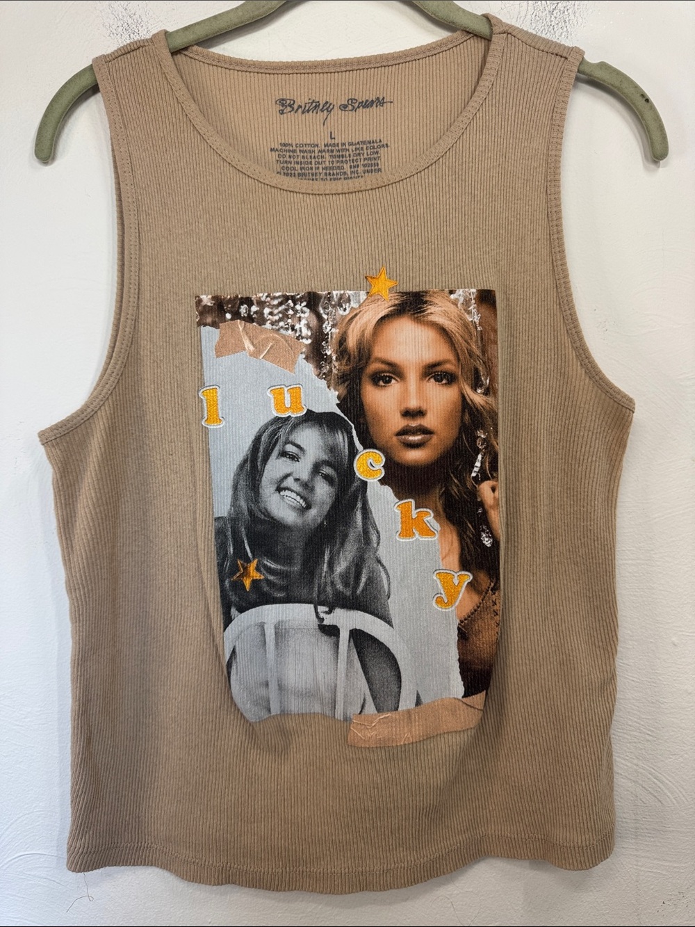 Brinley Spears Ribbed Tank Top in Taupe with Photo Graphic Vintage 90s Y2K